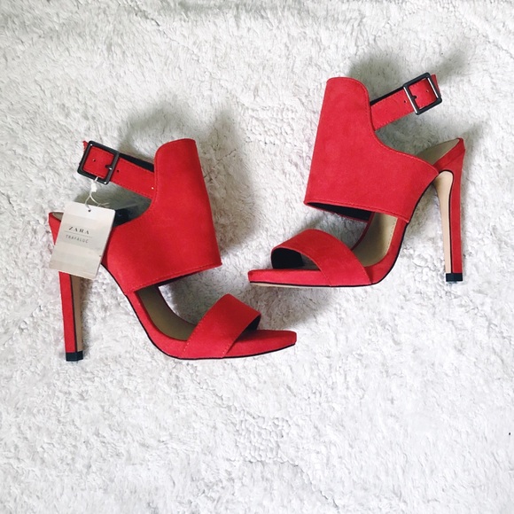 Zara Shoes - Zara red suede ankle strap stiletto peep toe heels